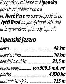 Geograficky m eme za Lipensko pova ovat p ibli n  oblast od Nov  Pece na severoz pad  a  po Vy    Brod na jihov chod...