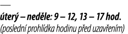 — ter  – ned le: 9 – 12, 13 – 17 hod. (posledn  prohl dka hodinu p ed uzav en m)