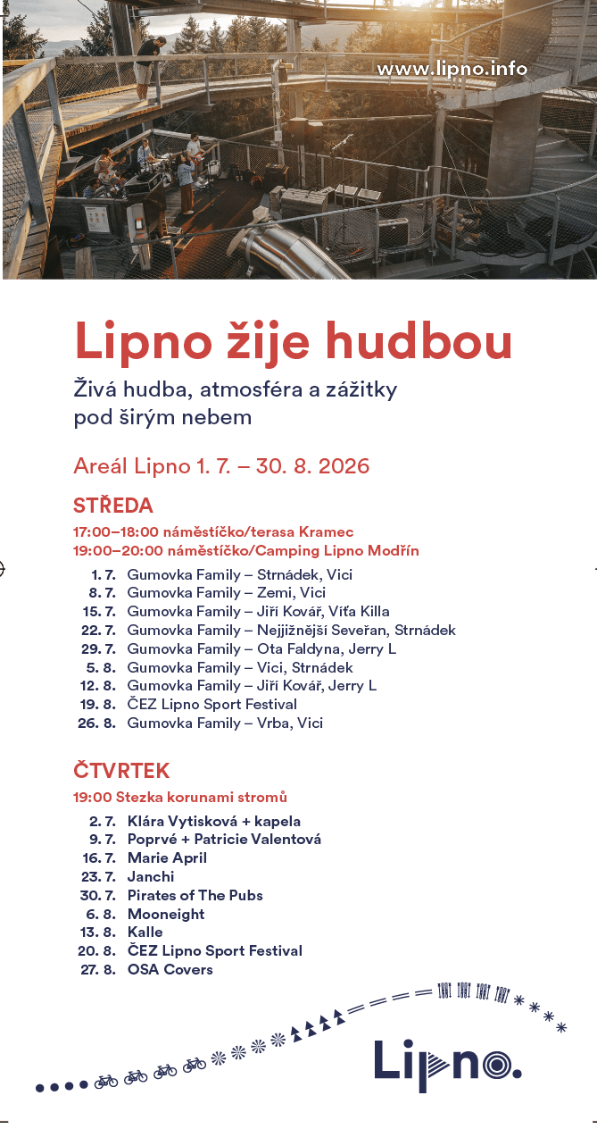 Letn hudebn  program s  iv mi vystoupen mi kapel a koncerty v are lu Lipno s daty a  asy akc .  Popis generovan  AI