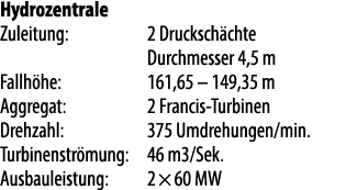 Hydrozentrale Zuleitung: 2 Drucksch chte Durchmesser 4,5 m Fallh he: 161,65 – 149,35 m Aggregat: 2 Francis Turbinen D...