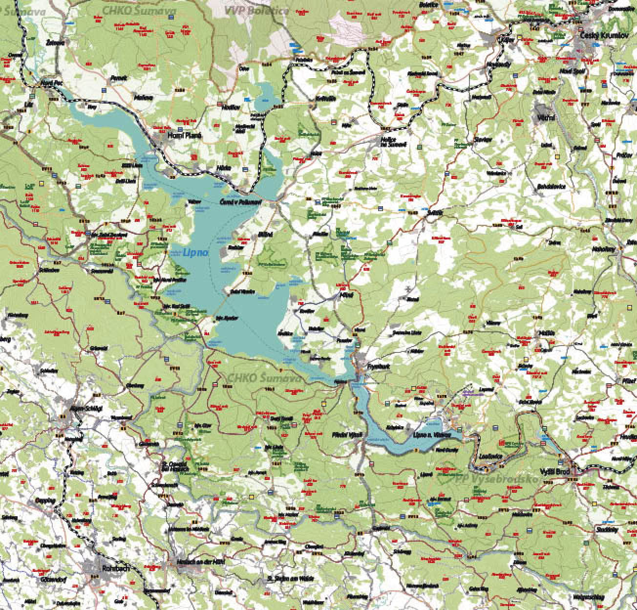 Mapa zobrazuj c oblast s vodn  n dr   Lipno, okoln mi m sty, silnicemi a p  rodn mi oblastmi v etn  les  a kopc .  Popis generovan  AI