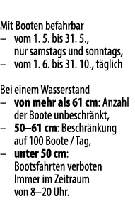 Mit Booten befahrbar – vom 1. 5. bis 31. 5., nur samstags und sonntags, – vom 1. 6. bis 31. 10., t glich Bei einem Wa...